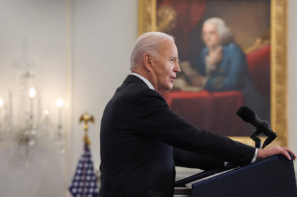 U.S. President Joe Biden delivers a speech at the State Department in Washington