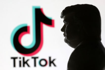 Illustration shows 3D-printed Donald Trump miniature model and TikTok logo