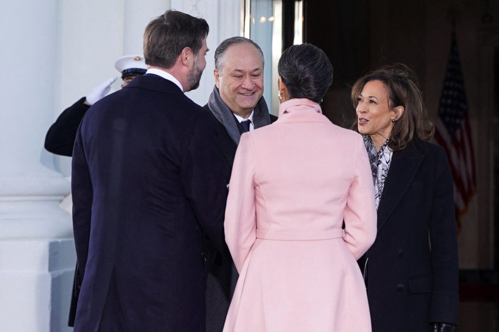 U.S. Vice President Kamala Harris and second gentleman Doug Emhoff meet with U.S. Vice President-elect JD Vance and his wi...