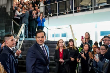 Newly confirmed U.S. Secretary of State Marco Rubio speaks to reporters at the State Department in Washington