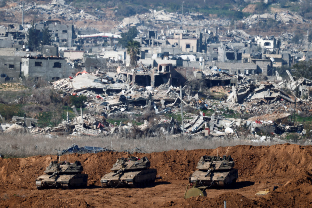 A view shows Israeli tanks near the border with Gaza