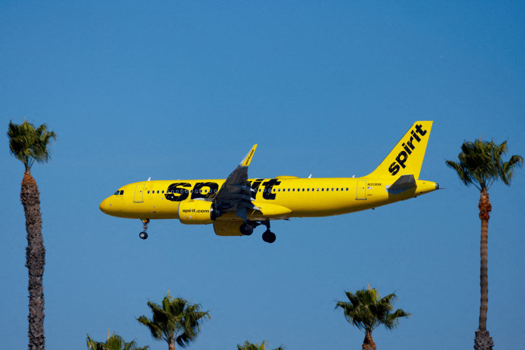 FILE PHOTO: Spirit commercial airliner prepares to land in San Diego