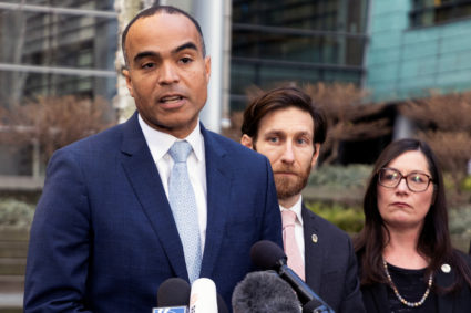 Washington state Attorney General Nick Brown addresses media after birthright ban court hearing