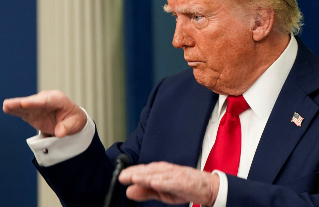 U.S. President Trump briefs reporters on midair collision near Ronald Reagan Washington National Airport, at the White Hou...