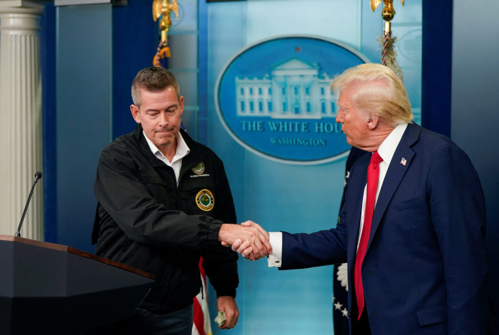 U.S. President Trump briefs reporters on midair collision near Ronald Reagan Washington National Airport, at the White Hou...