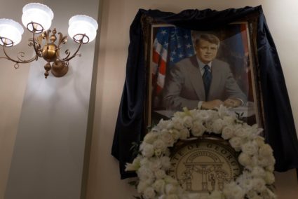 Funeral bunting on a portrait of former U.S. President Jimmy Carter