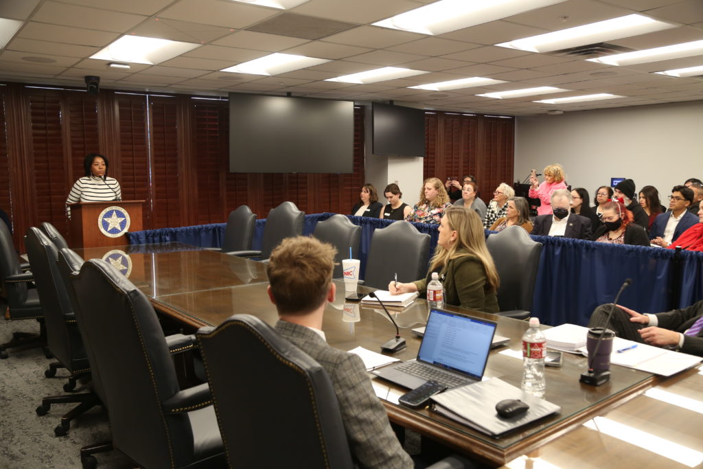 Tamya Cox-Touré, executive director of ACLU Oklahoma, speaks at a public hearing about a data-collecting proposal that some immigrant rights advocates say store fear among Oklahoma's undocumented communities. Photo by Adam Kemp/PBS News