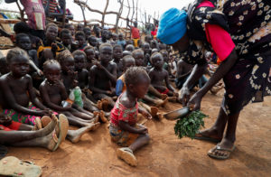 Asha Kano Kavi, an internally displaced woman from Kadugli, serves wild boiled leaves for food to orphaned children at the...