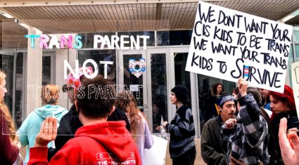 Supporters of trans rights rally in front of the Griffin Media building, 100 W Main, in downtown Oklahoma City. Nuria