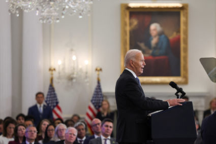 U.S. President Joe Biden delivers a speech at the State Department in Washington