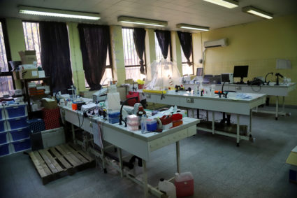 A general view shows equipment and apparatus inside the laboratory of the National Institute for Biomedical Research (INRB...