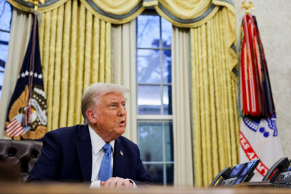 U.S. President Donald Trump speaks in the Oval Office at the White House