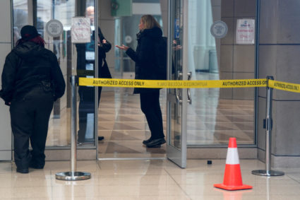The USAID building sits closed to employees after a memo was issued advising agency personnel to work remotely, in Washington