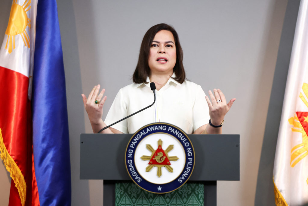 Philippine Vice President Sara Duterte delivers a statement following her impeachment by the lower house of the Congress