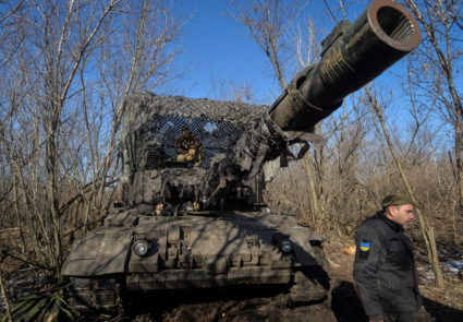 Ukrainian servicemen operate a Leopard 1A5 tank in Donetsk region