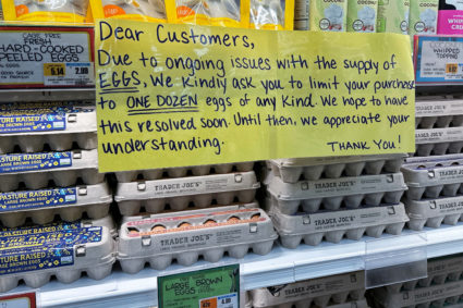 Eggs supply sign at Trader Joe's hangs by cartons in Merrick, New York