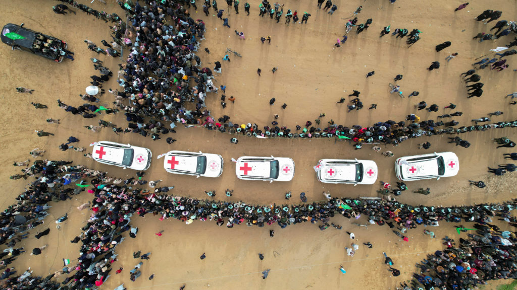 Hamas hands over bodies of deceased hostages, in Khan Younis