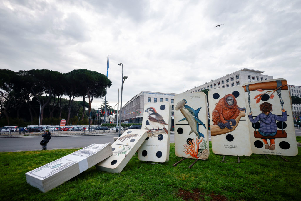 Greenpeace activists set up a protest outside Rome's headquarters of the Food and Agriculture Organization (FAO) of the Un...