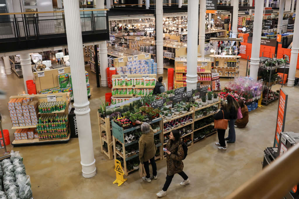 People shop at a Home Depot store in Manhattan in New York City