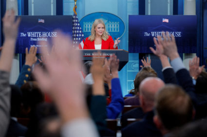 White House Press Secretary Karoline Leavitt holds a press briefing at the White House in Washington