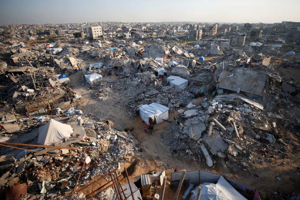The rubble of destroyed buildings is seen, amid a ceasefire between Israel and Hamas, at Jabalia refugee camp
