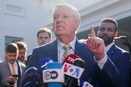 U.S. Senator Lindsey Graham (R-S.C.) speaks outside the White House following the Oval Office meeting between Ukrainian Pr...