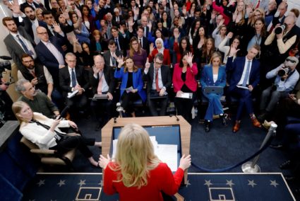 White House Press Secretary Karoline Leavitt holds a press briefing at the White House in Washington