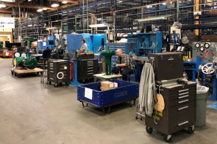 FILE PHOTO: Workers produce some of the specialized valves at Emerson Electric Co.’s factory in Marshalltown Iowa