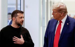 FILE PHOTO: Republican presidential nominee and former U.S. President Donald Trump and Ukraine's President Volodymyr Zelen...