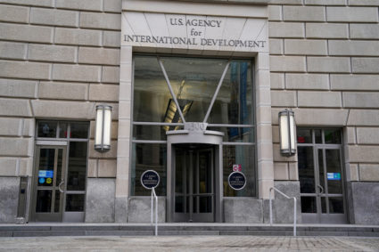 The USAID building sits closed to employees after a memo was issued advising agency personnel to work remotely, in Washington