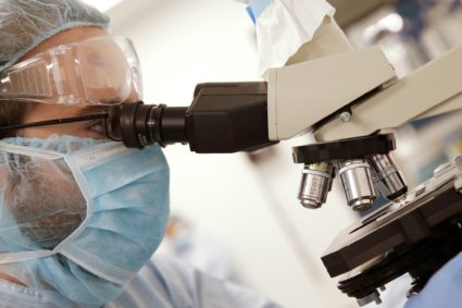 Manufacturing Associate Theodore Szmurlo views a cell sample on microscope as he works in the cell culture room during wor...