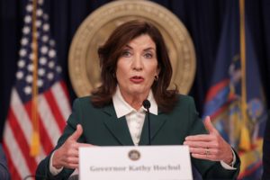 New York's Governor Hochul makes a transportation announcement on a revised congestion pricing plan at a press conference ...