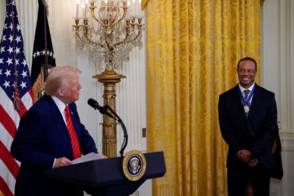 President Trump hosts a reception honouring Black History Month in the East Room of the White House in Washington