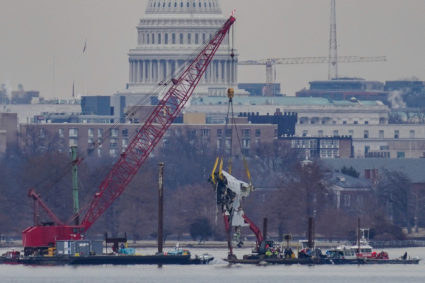 Aftermath of American Eagle flight 5342 crash in the Potomac River near Ronald Reagan Washington National Airport