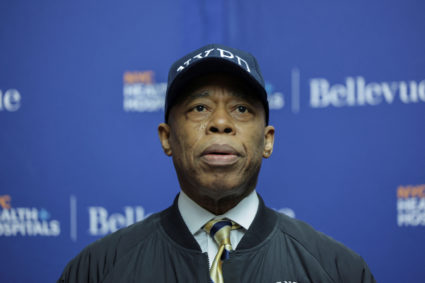 New York City Mayor Eric Adams speaks during a press conference at Bellevue Hospital Center in Manhattan in New York