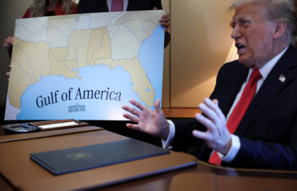 Trump speaks aboard Air Force One enroute to the Super Bowl in New Orleans