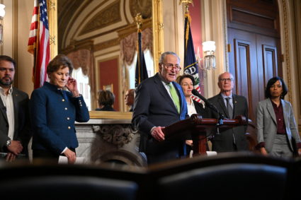 Democratic senators hold a press conference, in Washington