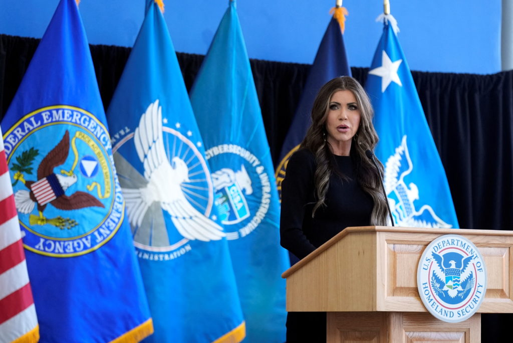 Homeland Security Secretary Kristi Noem speaks to employees at the Department of Homeland Security