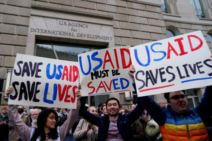 FILE PHOTO: The USAID building sits closed to employees after a memo was issued advising agency personnel to work remotely...