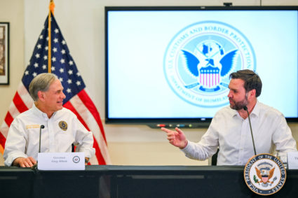U.S. Vice President JD Vance speaks with Gov. Greg Abbott as he arrives at the Border Patrol Station South for a visit to ...