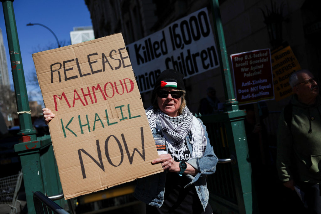 A protest following the arrest of Mahmoud Khalil at Columbia University, in New York City