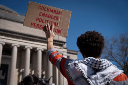 Columbia University students stage a walk-out protest condemning ICE agensts on campus and for release of Mahmoud Khalil i...