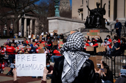 Columbia University students stage a walk-out protest condemning ICE agensts on campus and for release of Mahmoud Khalil i...