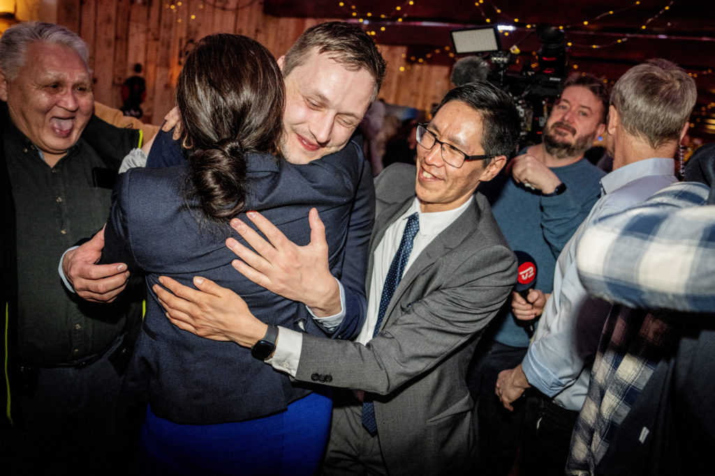 Leader of Demokraatit, Jens-Frederik Nielsen, reacts during the election party at cafe Killut in Nuuk