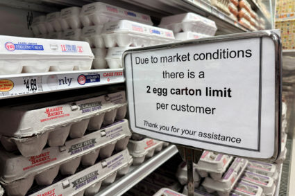 FILE PHOTO: A sign limits the number of cartons of eggs a customer can purchase at a grocery store in Gloucester
