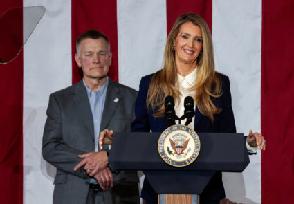 Administrator of Small Business Administration Kelly Loeffler delivers remarks as Vantage Plastics CEO Paul Aultman listen...