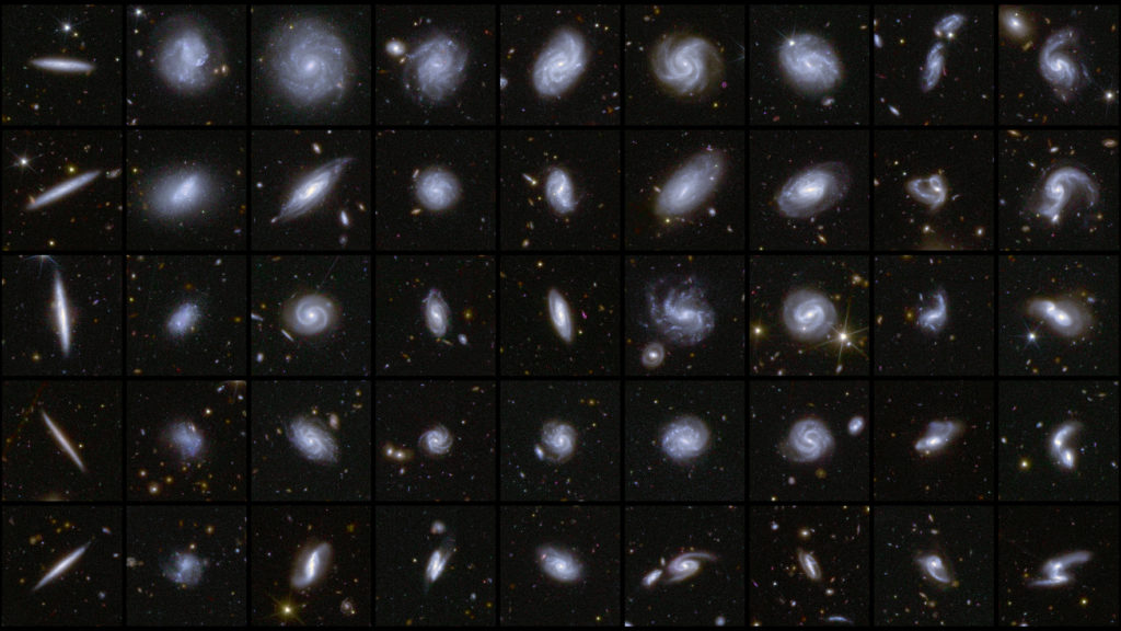 A combination image shows examples of galaxies in different shapes, all captured by the Euclid space telescope during its ...