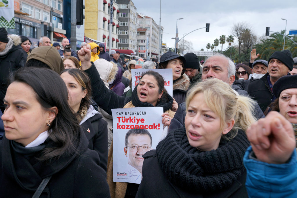 Supporters of Istanbul Mayor Imamoglu gather near the city's police headquarters in Istanbul