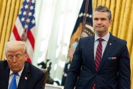 U.S. Defense Secretary Pete Hegseth in the Oval Office at the White House, in Washington, D.C.