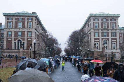 Student Workers of Columbia union members protest Columbia University’s recent policy changes in New York City